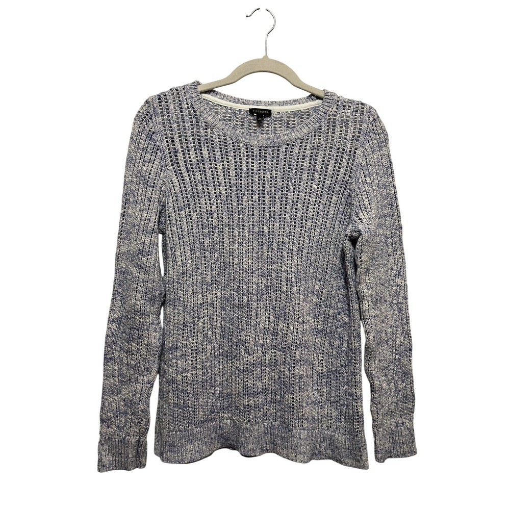 Talbots Womens M Blue Ivory Open Chunky Knit Cotton Sweater Crewneck Coastal